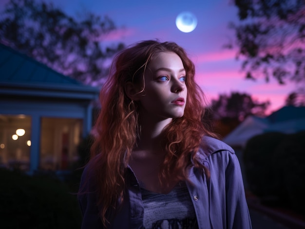 Foto una mujer joven con el pelo rojo mirando la luna