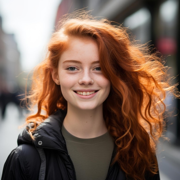 una mujer joven con el pelo rojo sonriendo en la calle