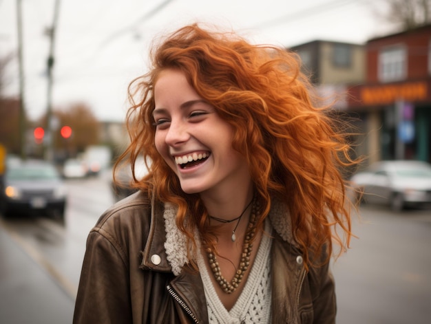 una mujer joven con el pelo rojo sonriendo en la calle