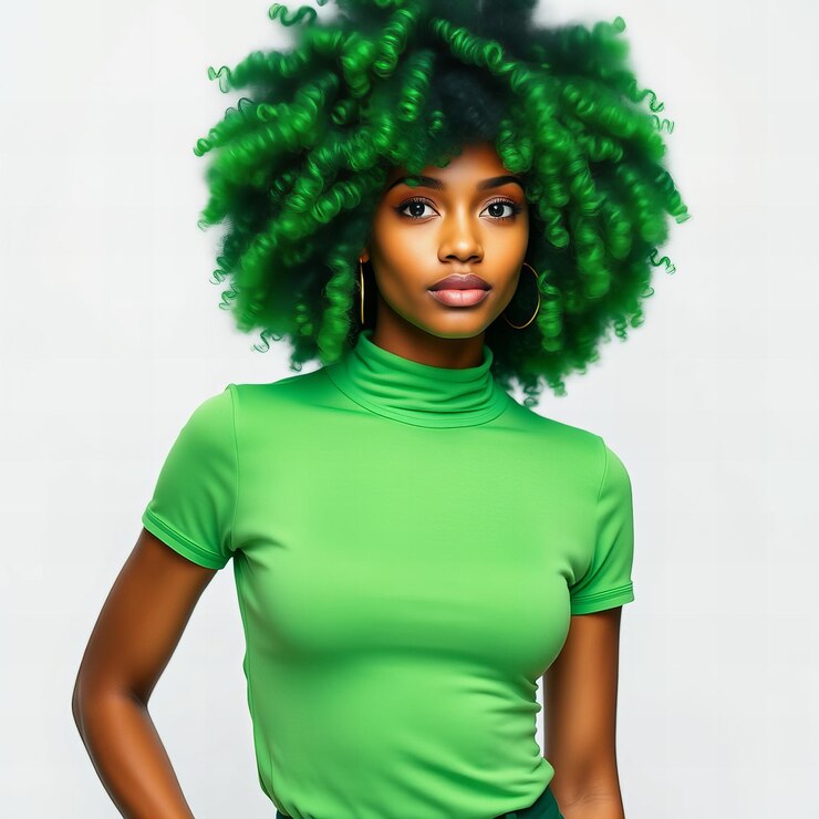 Mujer joven con una peluca afro verde rizada