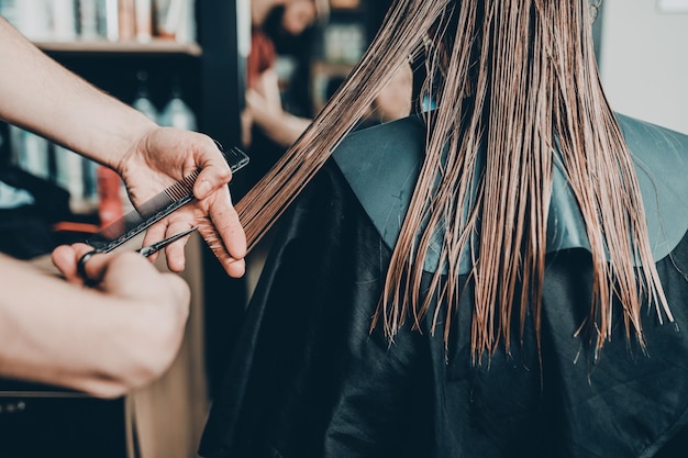 Mujer joven en peluquería deshacerse de las puntas abiertas. Corte de pelo.