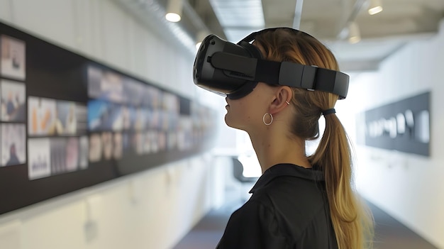 Mujer joven pensativa con auriculares de realidad virtual