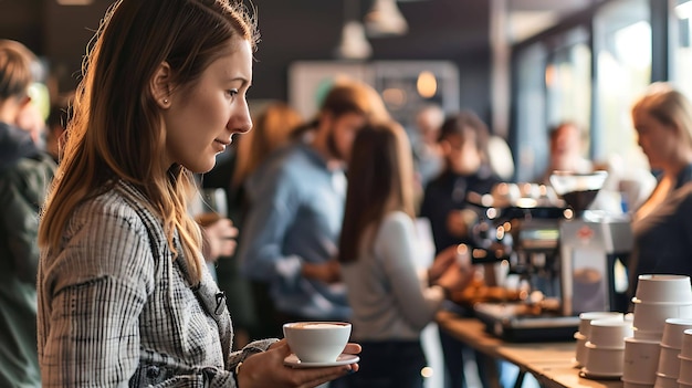 Foto mujer joven pensativa bebiendo café en un café lleno de gente y mirando hacia otro lado con una taza de café en las manos