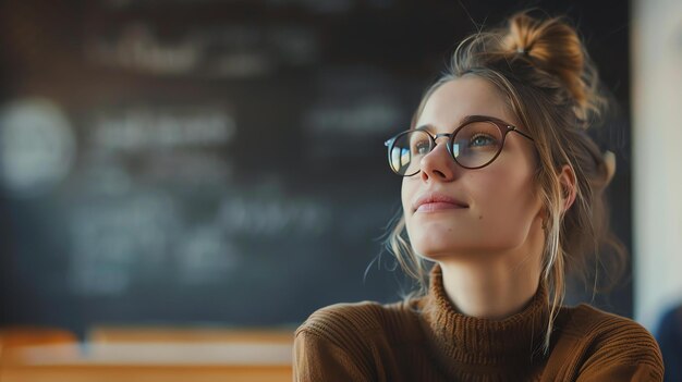 Mujer joven pensativa con gafas mirando hacia otro lado y sonriendo