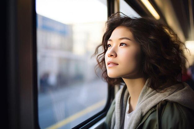Foto mujer joven pensativa mirando felizmente por la ventana durante su viaje matutino en un autobús urbano