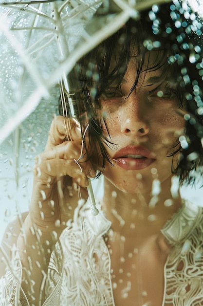 Foto mujer joven pensativa con un paraguas transparente mirando a través de las gotas de lluvia retrato emotivo en un