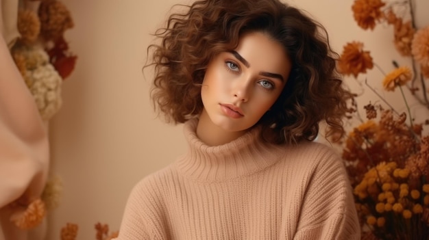 Mujer joven perfecta con un suéter de punto cálido de invierno. Retrato de moda. Foto de IA acogedora de otoño