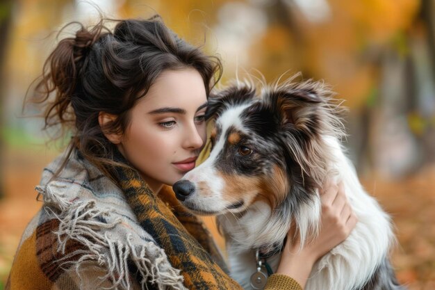 Una mujer joven con un perro en el bosque de otoño