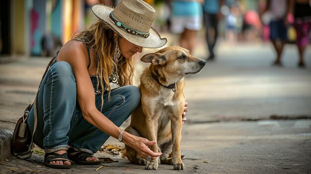 Foto mujer joven con perro en la calle de la habana