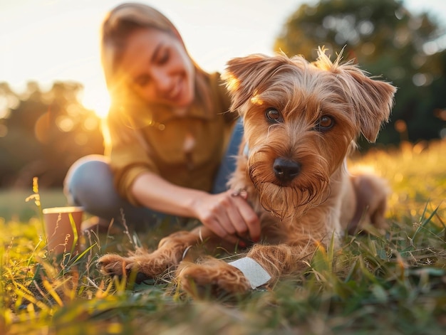 Mujer joven con un perro en el parque