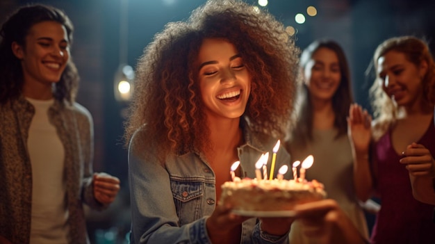 Mujer joven pide un deseo mientras sostiene un pastel de cumpleaños mientras otros miran IA generativa