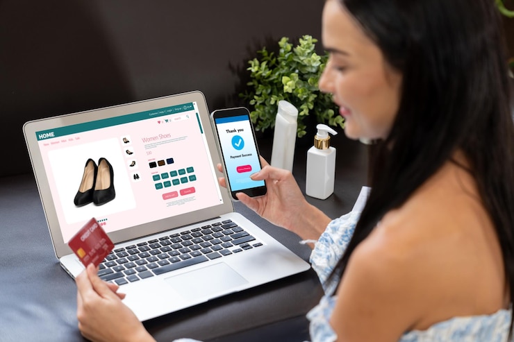 Foto mujer joven pide o compra un producto en internet usando una computadora portátil blithe