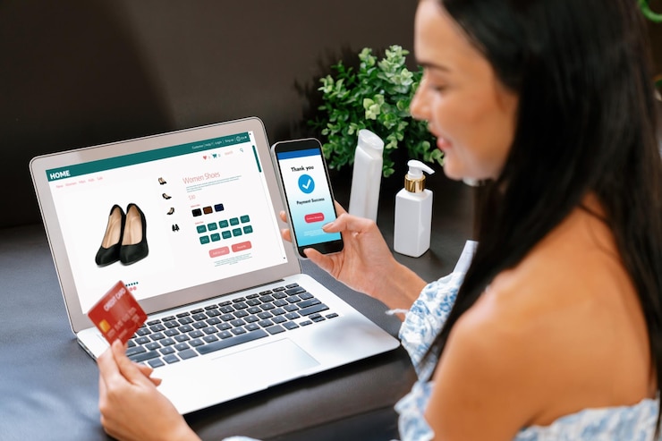 Foto mujer joven pide o compra un producto en internet usando una computadora portátil