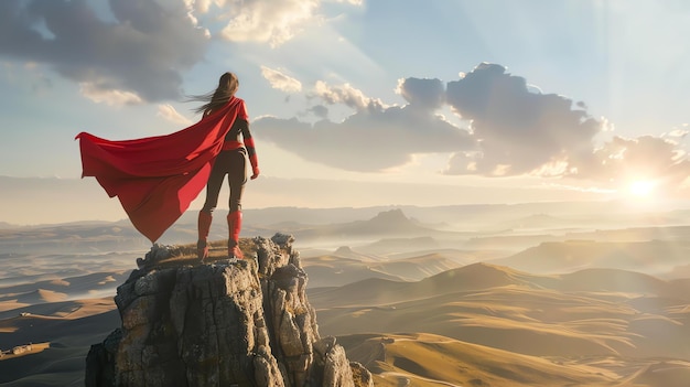 Foto una mujer joven está de pie en un acantilado mirando hacia un vasto paisaje ella lleva una capa roja y botas y su cabello está soplando en el viento