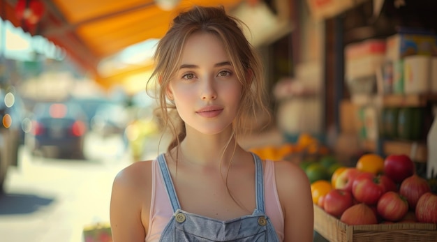 Foto mujer joven de pie afuera en el mercado callejero urbano estadounidense imagen de los mercados callejeros estadounidenses