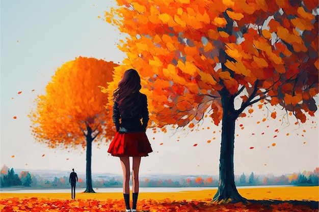 Mujer joven de pie bajo el árbol de otoño miró al hombre en la distancia ilustración de estilo de arte digital pintura concepto de fantasía de una mujer bajo el árbol de otoño