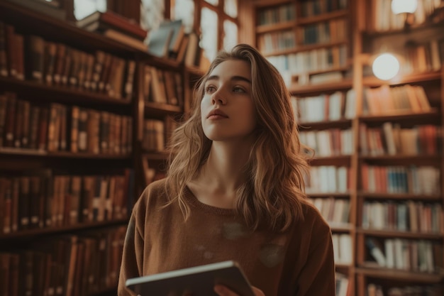 Una mujer joven de pie en una biblioteca sosteniendo una tableta y mirando pensativo