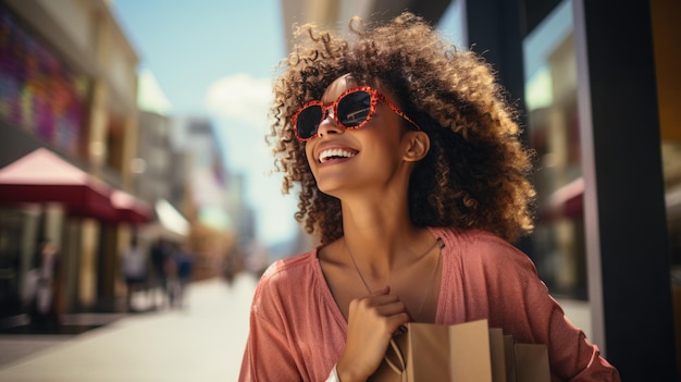 Mujer joven de pie en la calle con bolsas mientras hace compras Creada con tecnología de IA generativa