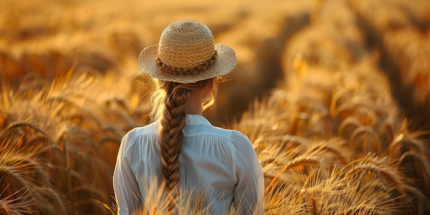 Mujer joven de pie en un campo de trigo