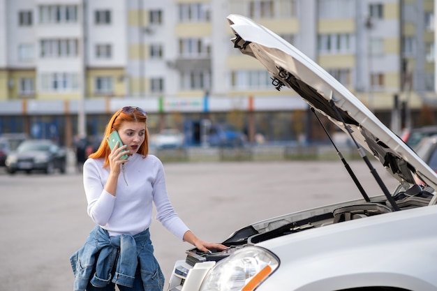 Mujer joven de pie cerca de un coche roto con hablar por su teléfono móvil