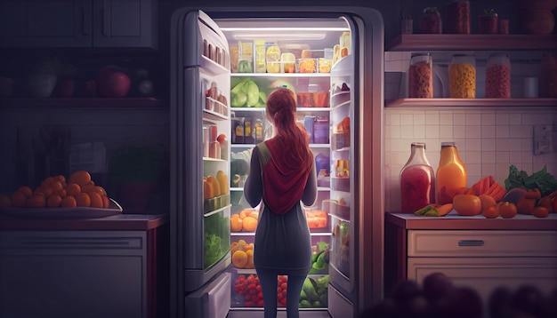 Mujer joven de pie cerca de la nevera abierta llena de alimentos saludables, verduras y frutas Generative Ai