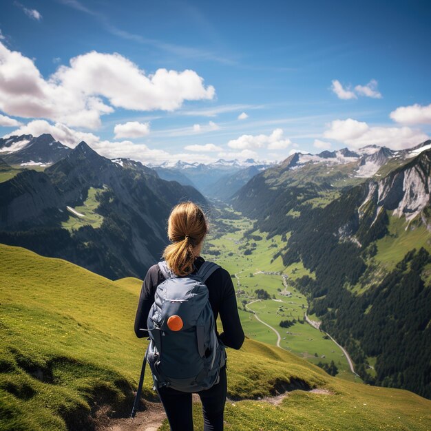 Foto mujer joven de pie en la cima de una montaña admirando la vista