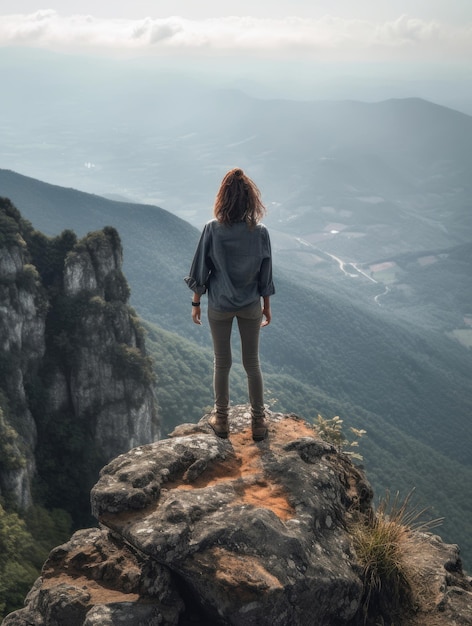 Mujer joven de pie en la cima de una montaña