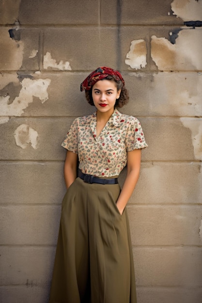 Una mujer joven de pie frente a una pared con ropa vintage creada con inteligencia artificial generativa