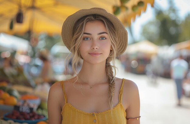 Foto mujer joven de pie en el mercado callejero americano al aire libre