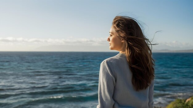 Mujer joven de pie desde la parte de atrás y mirando al mar