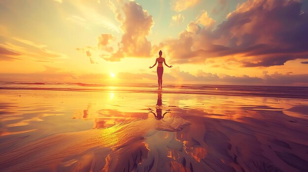 Mujer joven de pie en la playa al atardecer con los brazos extendidos lleva un bikini y su cabello sopla en el viento