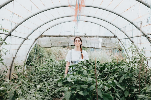 Mujer joven de pie sonriendo a la cámara en medio de una huerta de invernadero Huerta Estilo de vida rural Nuevos trabajos Primera vez que trabaja Feliz por lanzar una nueva empresa Trabajo en general