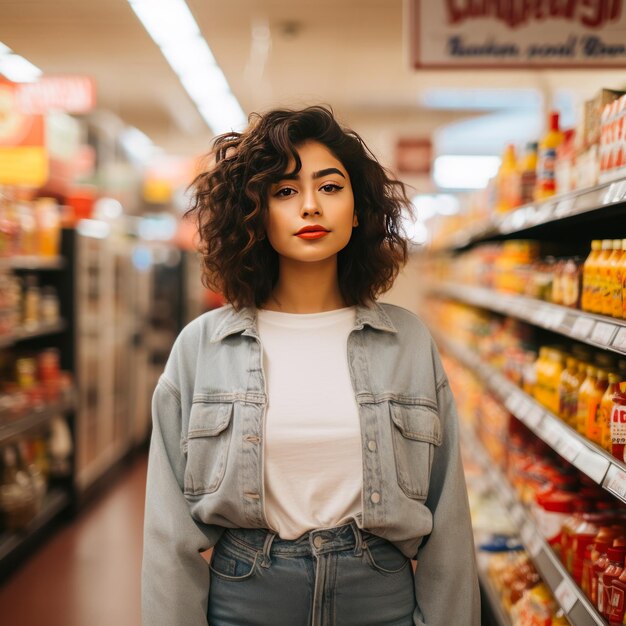 mujer joven de pie en el supermercado