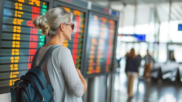 Mujer joven de pie en la terminal del aeropuerto internacional mirando el tablero de información de vuelo