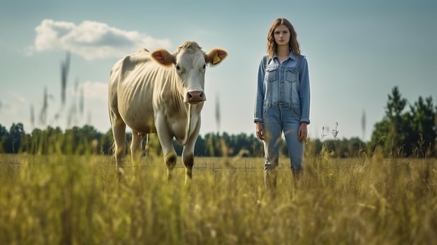 Una mujer joven de pie con una vaca en los campos