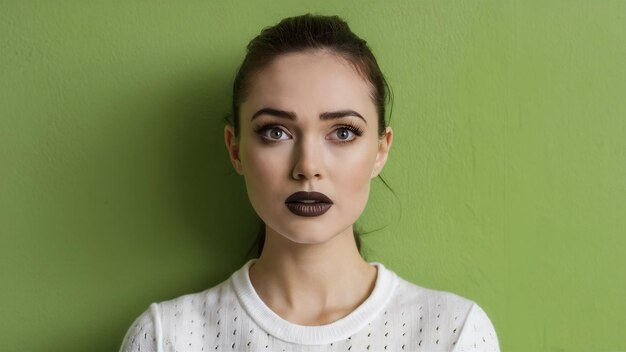 Mujer joven con piel natural limpia perfecta y maquillaje labios grandes marrones en la pared verde infeliz triste