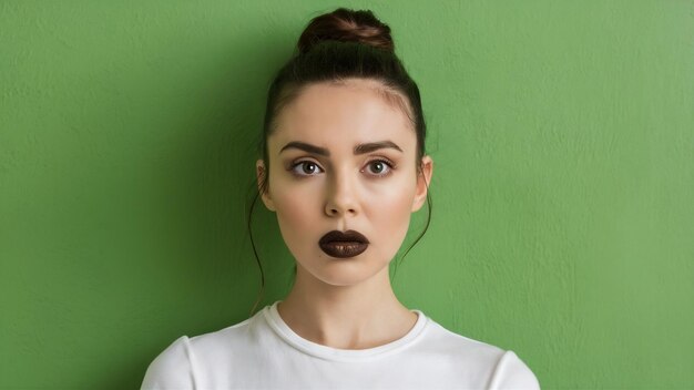 Mujer joven con piel natural limpia perfecta y maquillaje labios grandes marrones en la pared verde infeliz triste