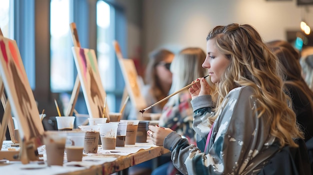 Mujer joven pintando en lienzo en clase de arte