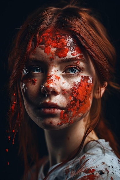 mujer joven, con, pintura roja, en, cara