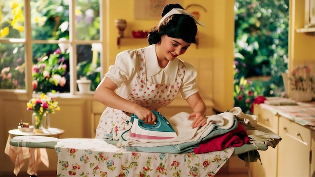 Foto mujer joven planchando la ropa