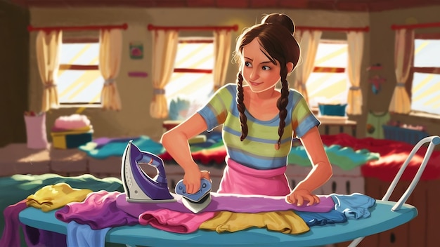 Mujer joven planchando la ropa