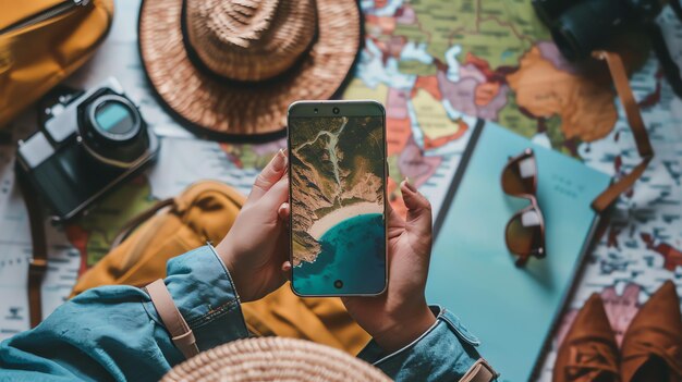 Foto mujer joven planeando su próximo destino de vacaciones mientras mira un mapa