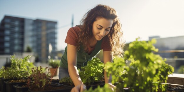 Una mujer joven planta plantas en el techo de un edificio contemporáneo Sistema ecológico estable IA generativa