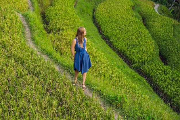 Mujer joven en la plantación de campo de arroz en cascada verde en la terraza de Tegalalang. Bali, Indonesia.