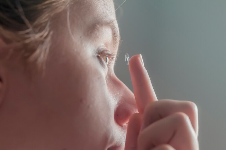 Mujer joven poniendo la lente de contacto en su ojo en fondo gris