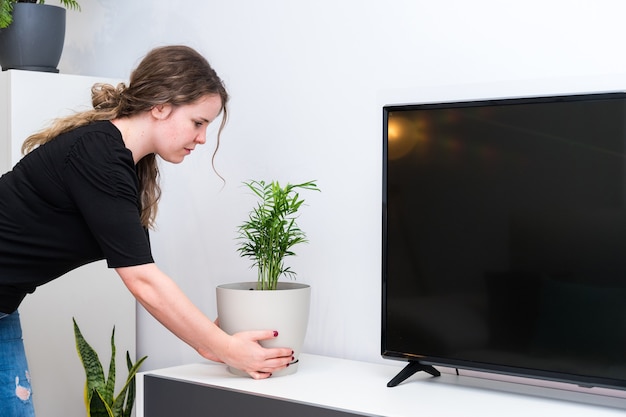 Mujer joven poniendo plantas en su nueva casa