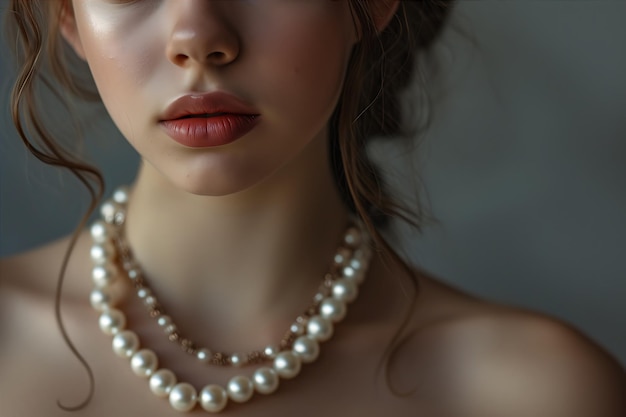 Mujer joven posando con joyas de perlas