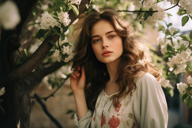 Mujer joven posando bajo un manzano