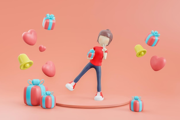 mujer joven, posición, con, bolsas, de, tiendas, 3d, interpretación