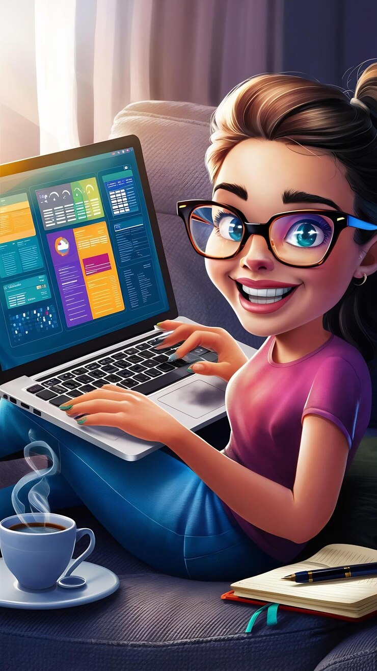 Foto mujer joven positiva freelance en gafas teclados información en computadora portátil